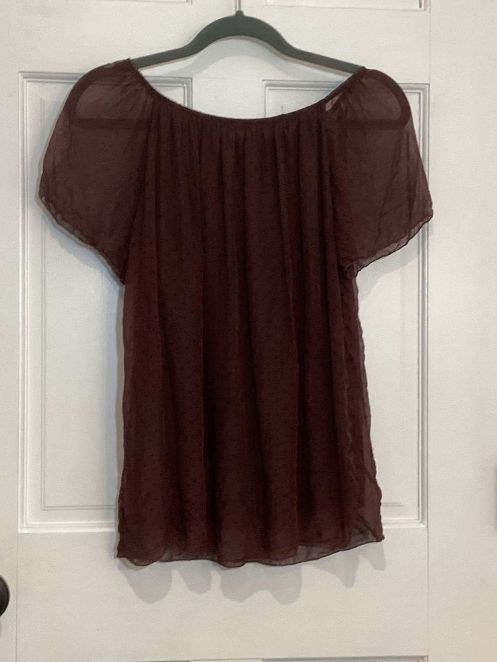 Luisa Ricci Silk Brown short sleeve shirt with Black polka dots sheer sleeve M